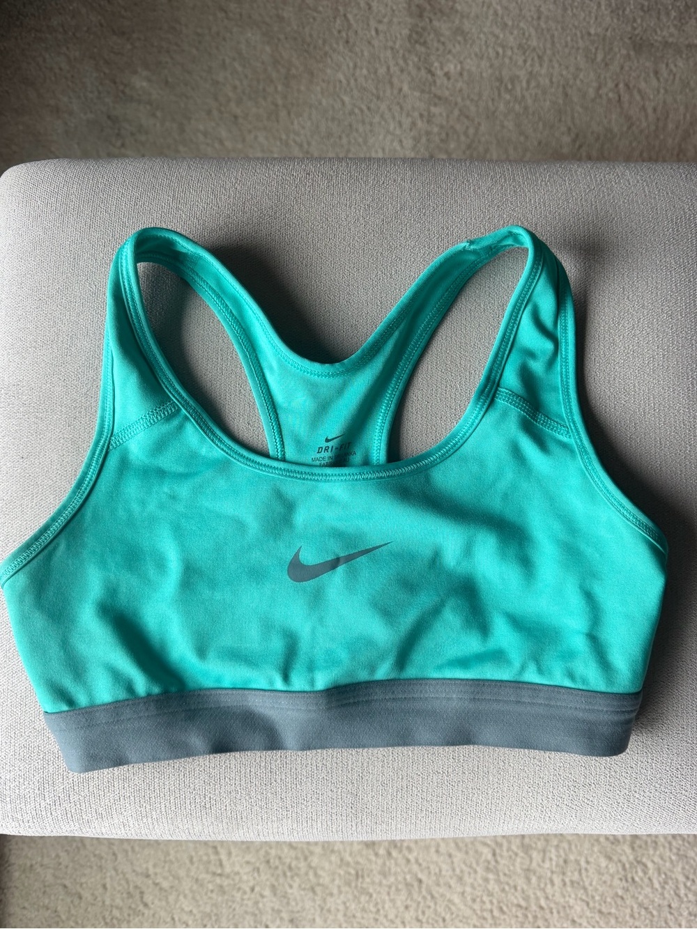 Nike DRI-FIT Teal Racerback Unlined Sports Bra with Gray Band Size XS